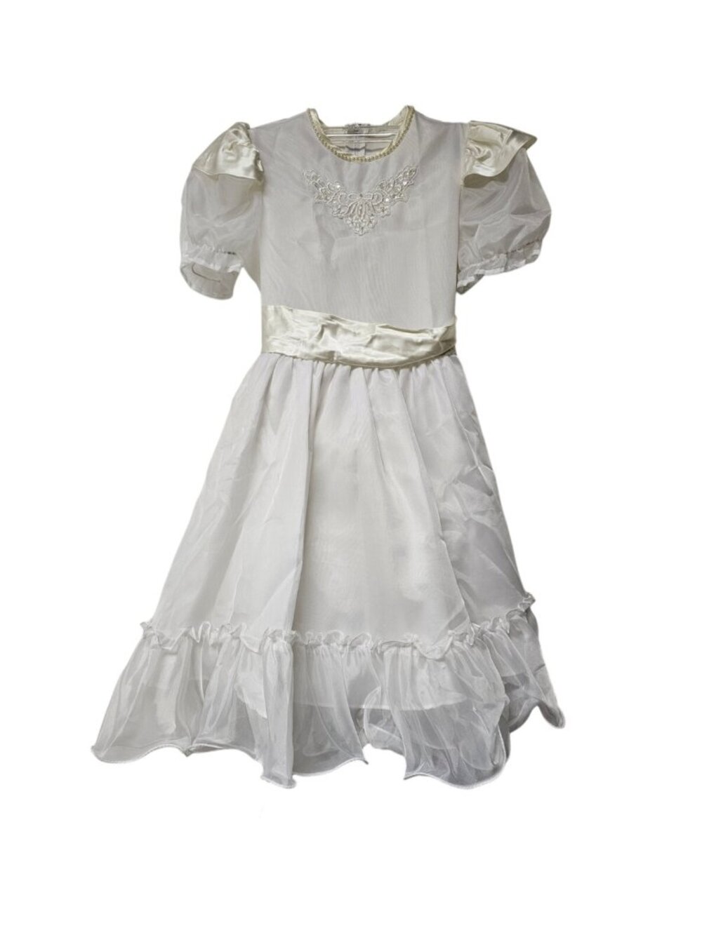 80s - 90s white ruffled puff sleeve handmade dress . fits girls 6 - 7